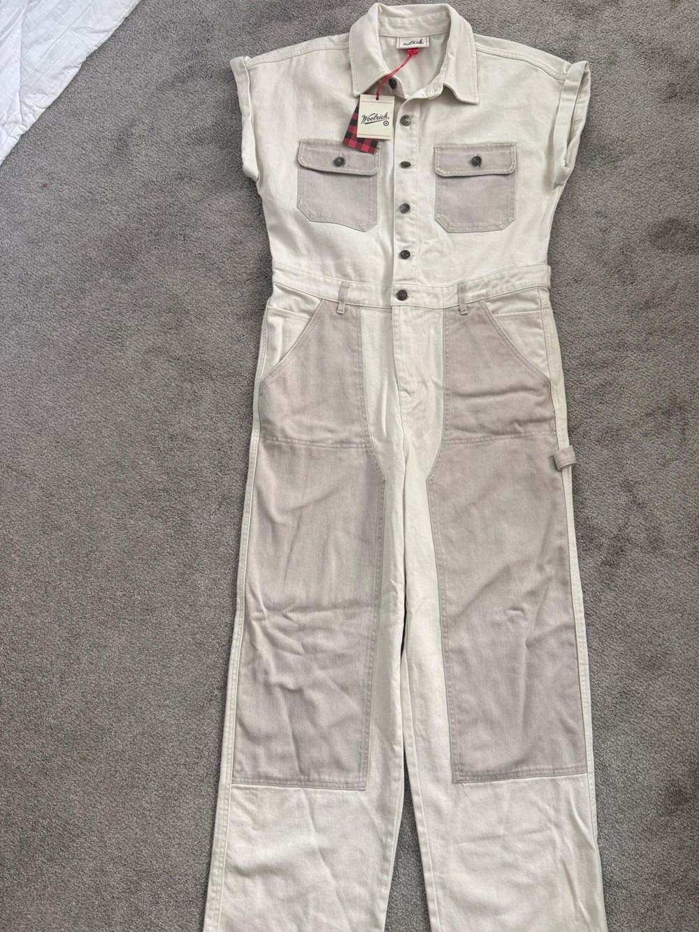 Woolrich women’s Cream and Light Taupe Two-Tone Button Down Denim Jumpsuit - Picture 3 of 13